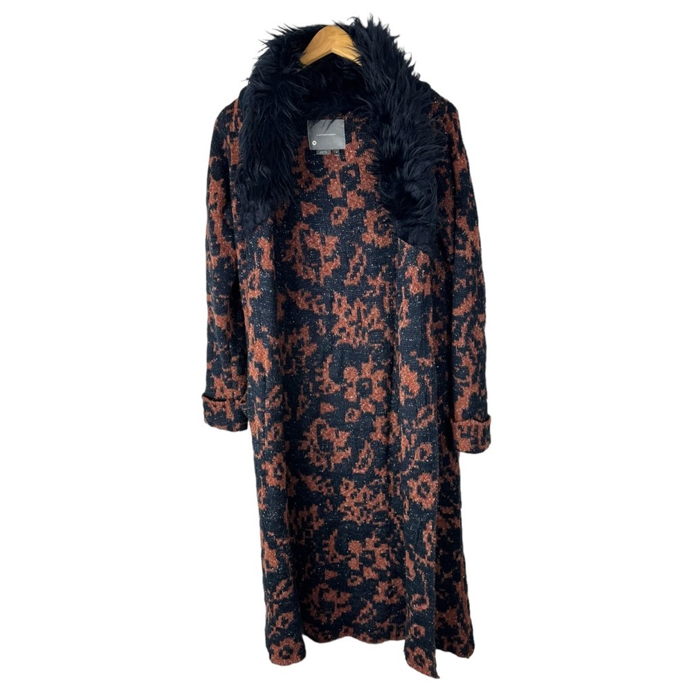 Anthropologie Black and Rust Patterned Faux-Fur Collar Long Cardigan